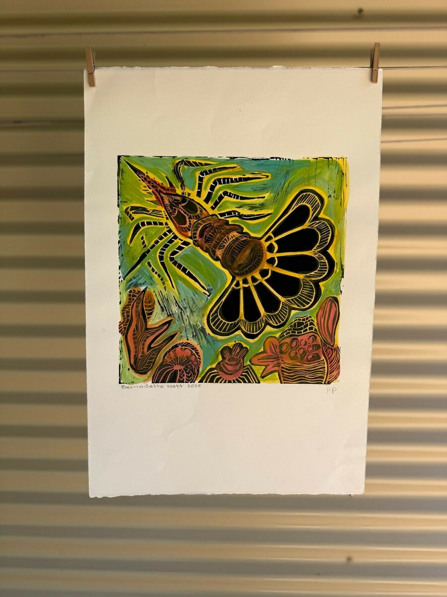 Linocut Crayfish by Bernadette Watt