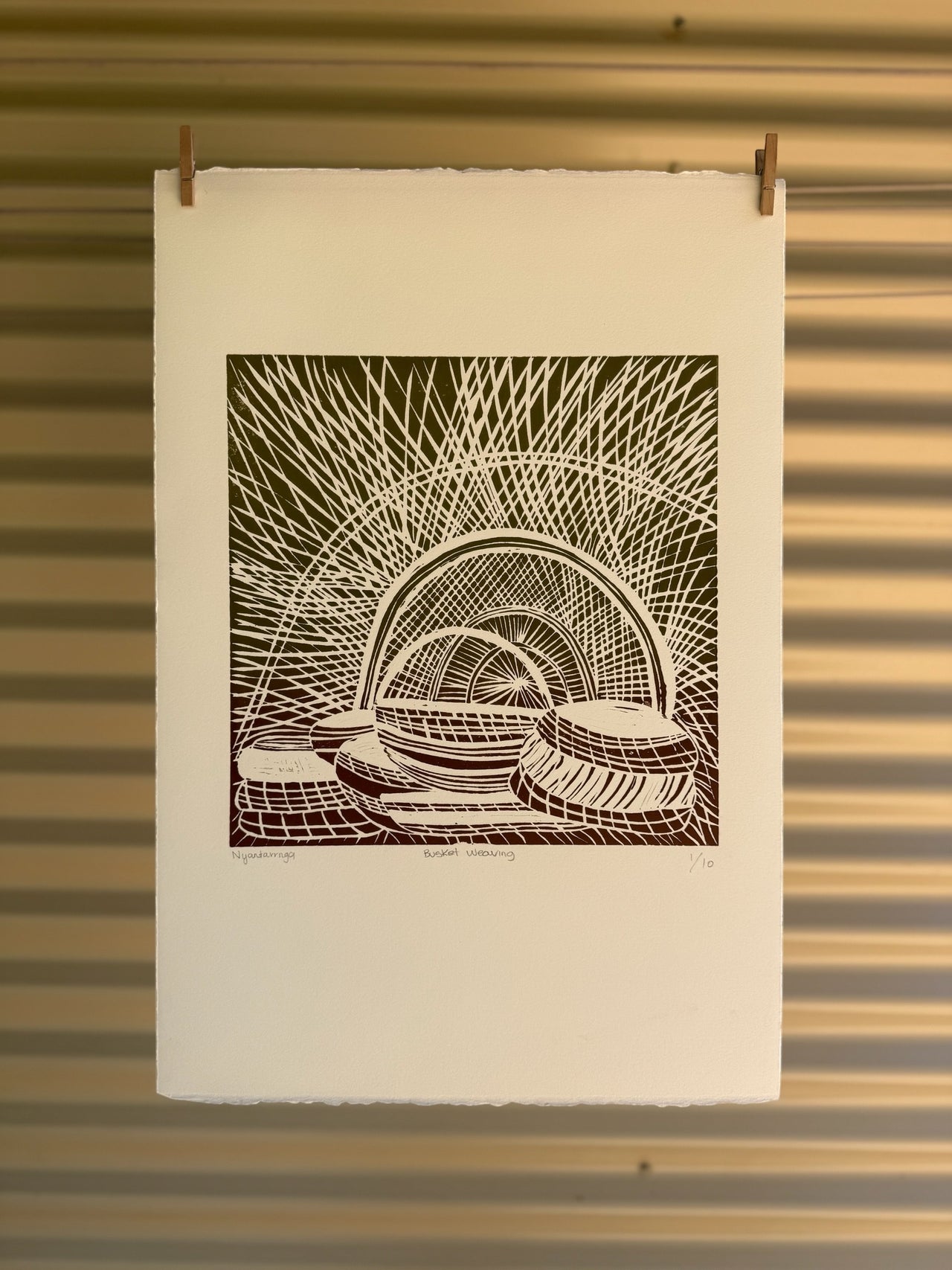 Basket Weaving ~ Lino Print by Natalie Yantarrnga