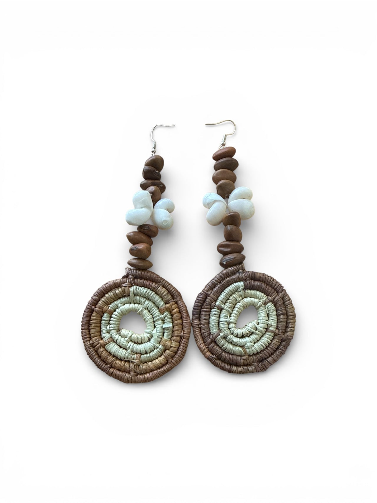 Mangkurrkwa (pandanus) Seashell & Seed Large Earrings by Lusanne Murrungun