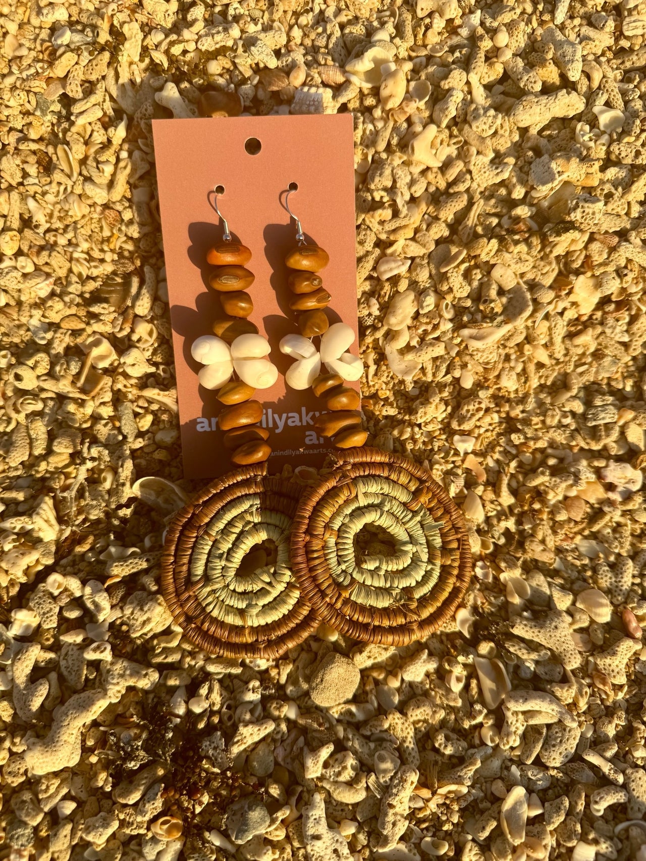 Mangkurrkwa (pandanus) Seashell & Seed Large Earrings by Lusanne Murrungun